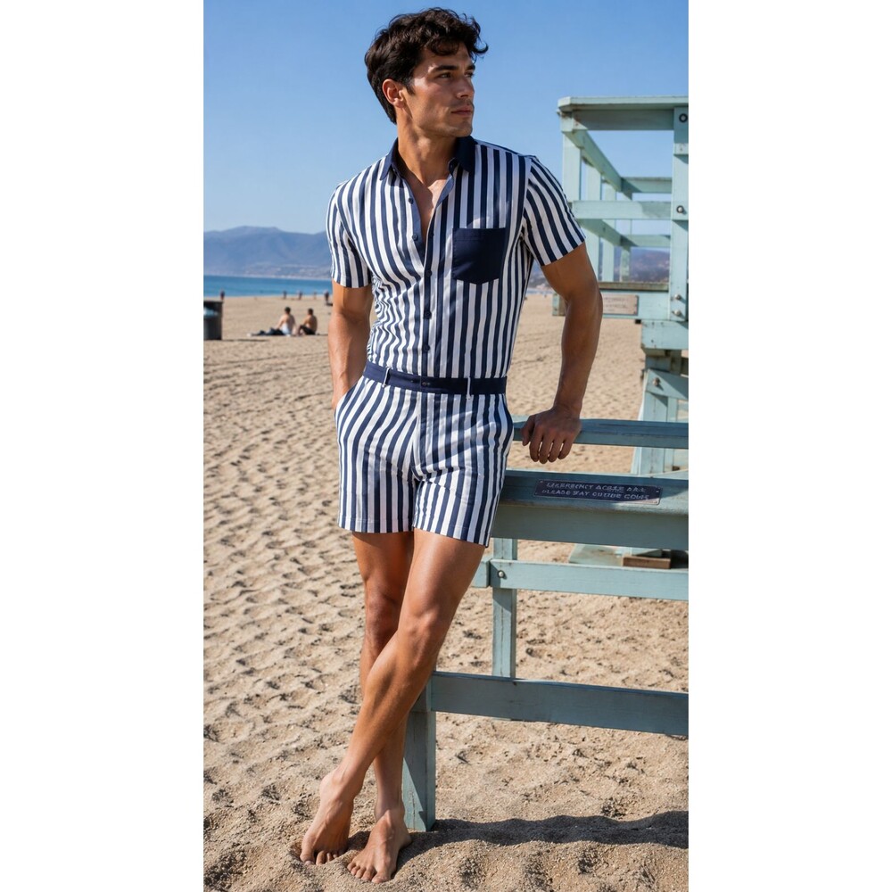 NWT Romperjack The Hampton Romper Premium Quality Cotton Men’s XL Blue Stripe